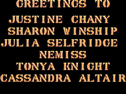 GREETINGS TO JUSTINE CHANEY SHARON WINSHIP JULIA SELFRIDGE NEMISS TONYA KNIGHT CASSANDRA ALTAIR